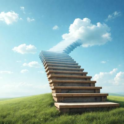 The primary subject of the image is a wooden staircase with a cloudy sky in the background. The staircase is made of wood and appears to be a part of a larger structure. The setting is outdoors, with a grassy field visible in the foreground. The visual style of the image is a combination of photo and digital art, creating a unique and artistic representation of the staircase. The colors and mood of the image are predominantly green and serene, with the cloudy sky adding a